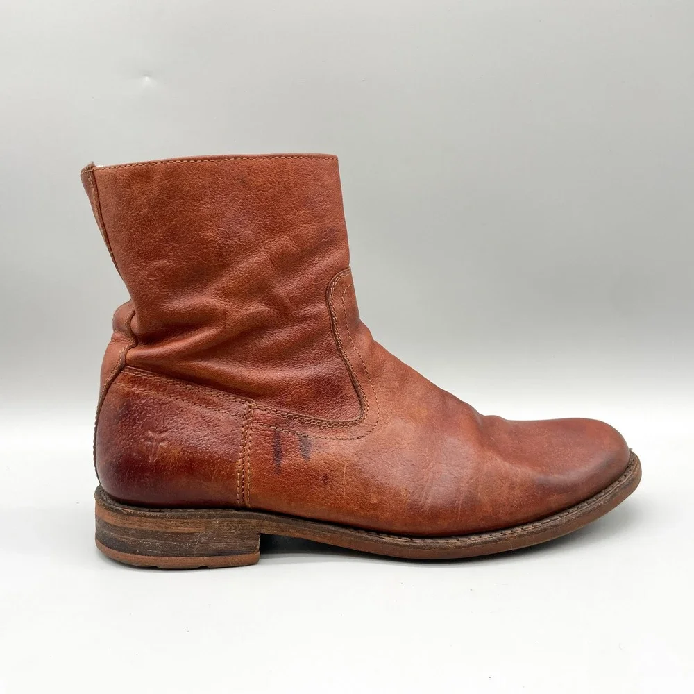 Frye Mens 8.5 D Boots Zip Brown Leather Distressed Western Rustic Workwear